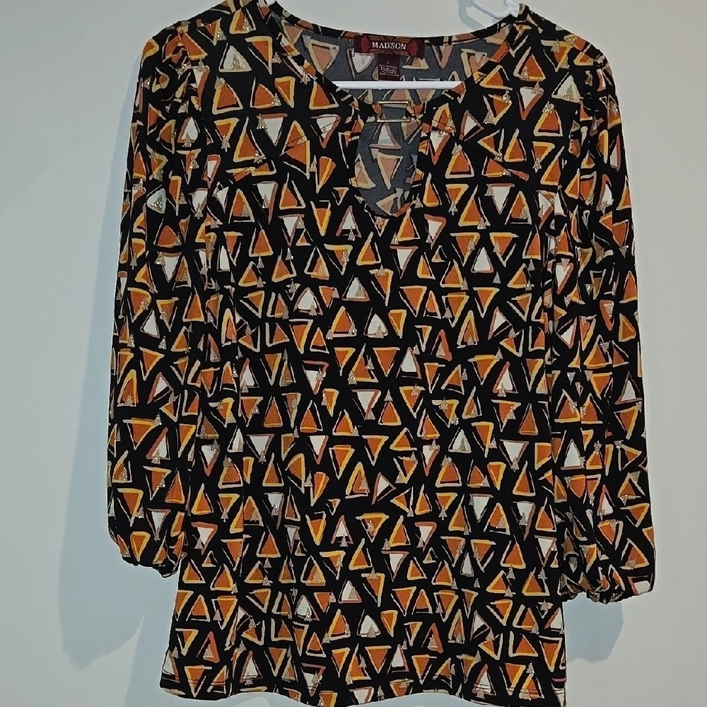 Madison Black and Orange Graphic Blouse Relaxed V-Neck